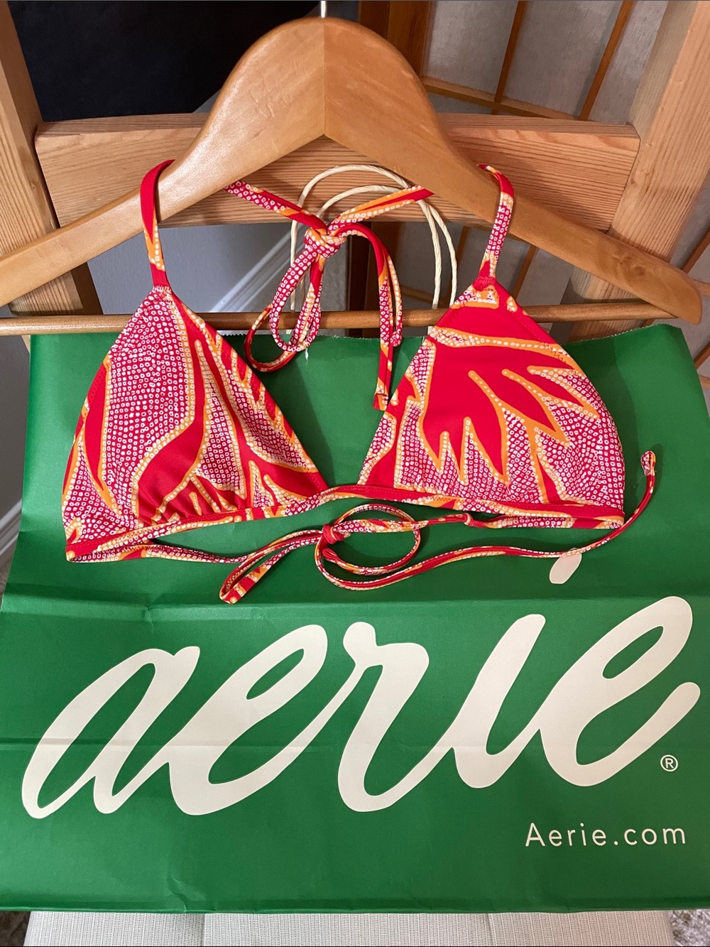 aerie Red & Yellow Triangle Bikini Top with Abstract Print